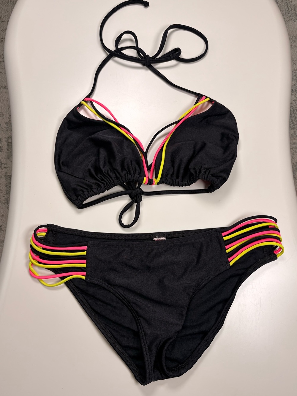 Luli Fama Black Bikini Set – Neon Strappy Designer Bikini Set